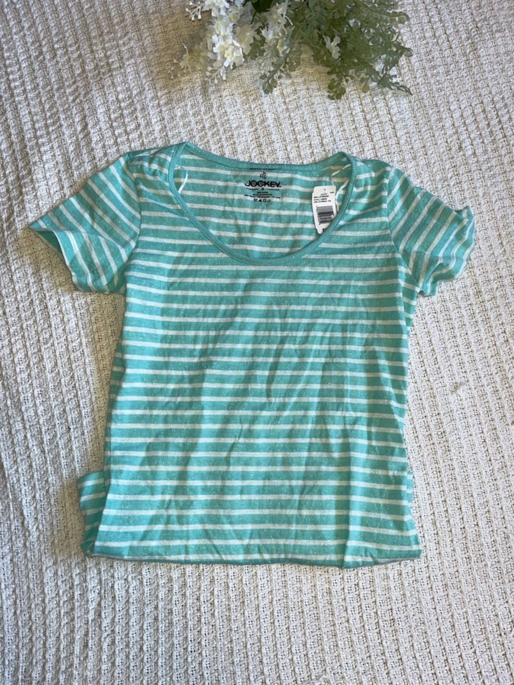Nwt Jockey Aqua and White Striped Scoop Neck Tee szS stretchy cute top
